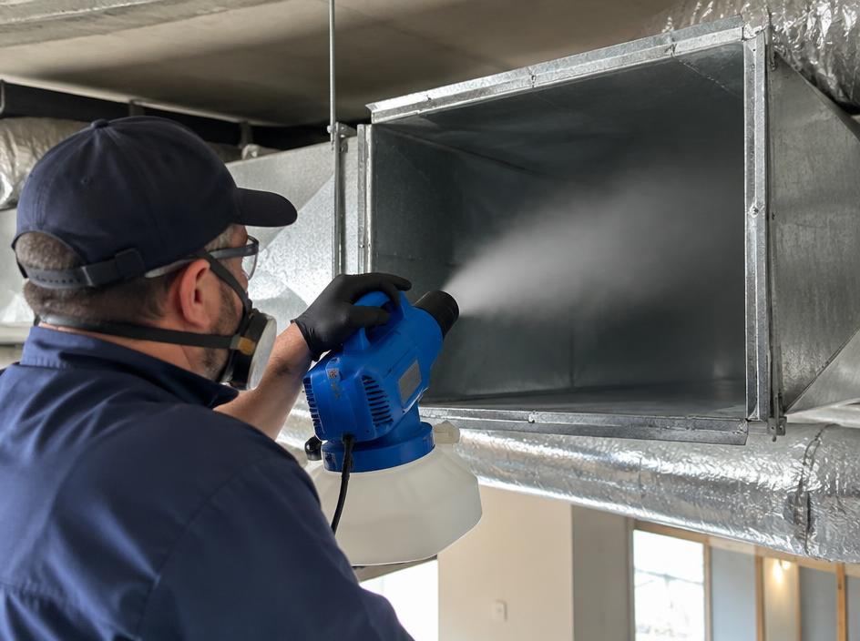 Technician fogging antimicrobial treatment into an open duct